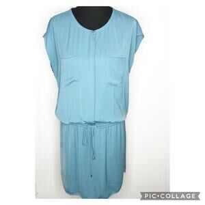 Vince blue drawstring waist button front dress size Medium